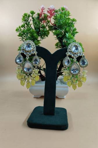   yellow beads Kundan Mirror Jhumka beautiful chaandbalis for wo 