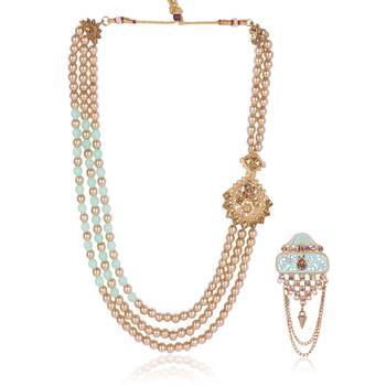   groom sherwani necklace moti mala layered for wedding | groom mala with brooch set 2