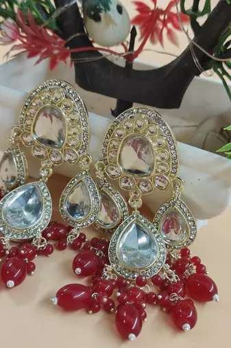   red beads Kundan Mirror Jhumka beautiful chaandbalis for wo 