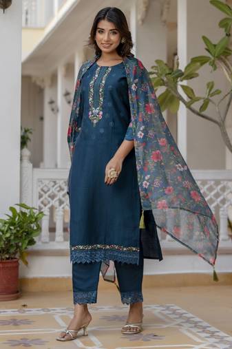   women kurta and pant sets viscose roman silk fabric