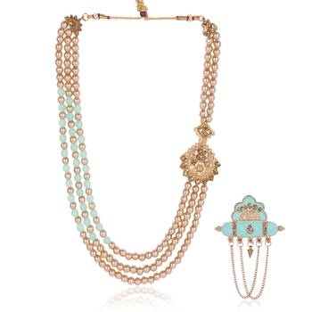   groom sherwani necklace moti mala layered for wedding | groom mala with brooch set 2
