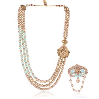   groom sherwani necklace moti mala layered for wedding | groom mala with brooch set 2