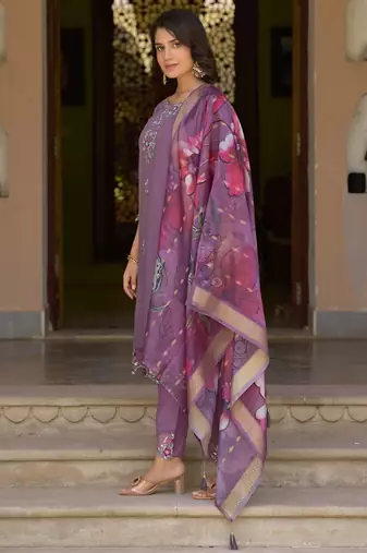 Vredevogel  women kurta and pant sets viscose roman silk fabric