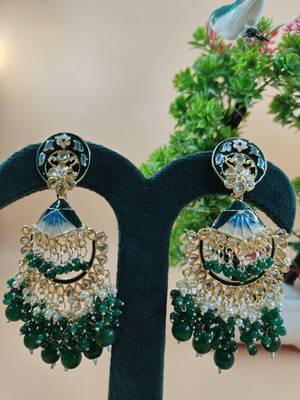   green floral studded meenakari beaded gold-plated Chandbali earrings 1