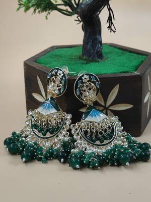   green floral studded meenakari beaded gold-plated Chandbali earrings 2
