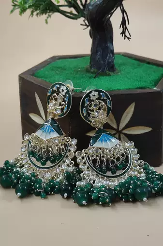   green floral studded meenakari beaded gold-plated Chandbali earrings