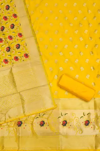 Yellow floral woven banarasi silk dress material