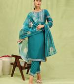 Vredevogel  women   s viscose roman silk embroidery straight kurta pant with dupatta set