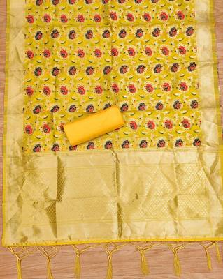 Yellow floral woven banarasi silk dress material 4