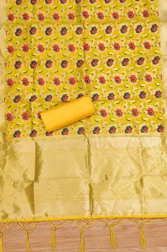 Yellow floral woven banarasi silk dress material