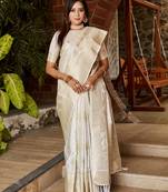 Women Off White Faux Silk Kanjivaram Satin Woven Saree Zari Border Rich Pallu Saree With Blouse For Women