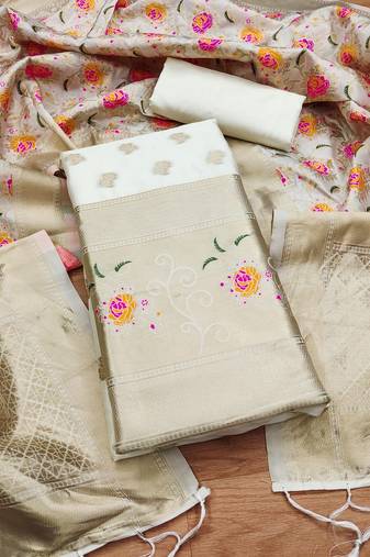 Off white floral woven banarasi silk dress material