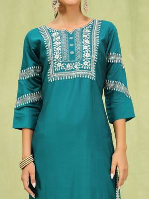 Vredevogel  women   s viscose roman silk embroidery straight kurta pant with dupatta set 3