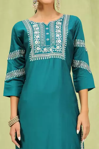 Vredevogel  women   s viscose roman silk embroidery straight kurta pant with dupatta set
