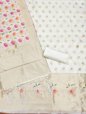 Off white floral woven banarasi silk dress material 3