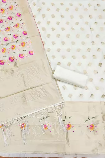 Off white floral woven banarasi silk dress material
