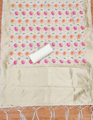 Off white floral woven banarasi silk dress material 4