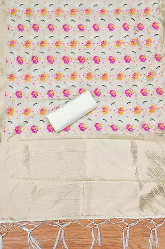 Off white floral woven banarasi silk dress material