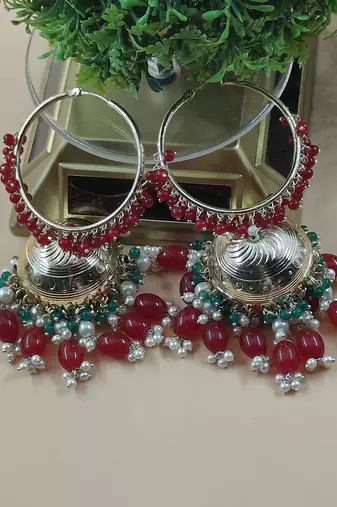   Premium Mogra Bali Jhumka- Maroon Green COLOUR