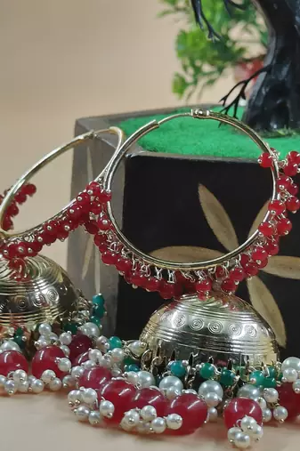   Premium Mogra Bali Jhumka- Maroon Green COLOUR