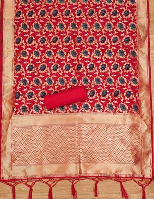 Red floral woven banarasi silk dress material 4