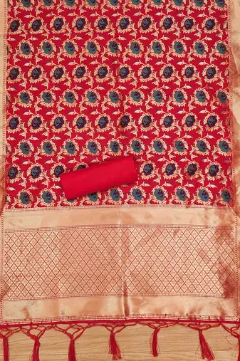 Red floral woven banarasi silk dress material