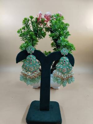 Jiyanshi fashion pista green floral studded meenakari beaded gold-plated drop earrings 1