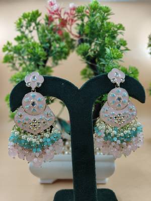   pink floral studded meenakari beaded gold-plated drop earrings 2