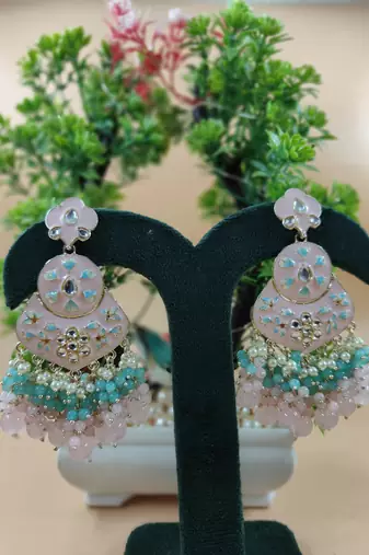   pink floral studded meenakari beaded gold-plated drop earrings
