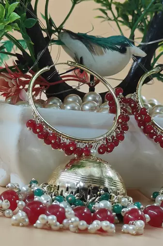   Premium Mogra Bali Jhumka- Maroon Green COLOUR