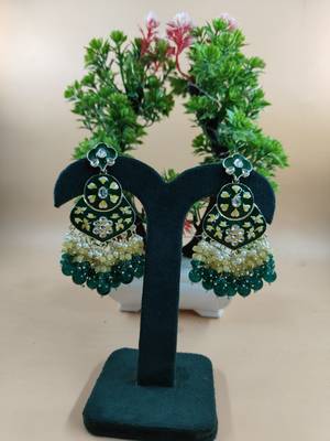   green floral studded meenakari beaded gold-plated drop earrings 1