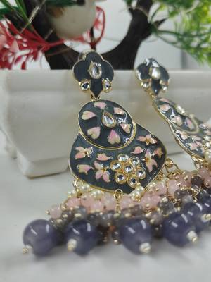   blue floral studded meenakari beaded gold-plated drop earrings 2