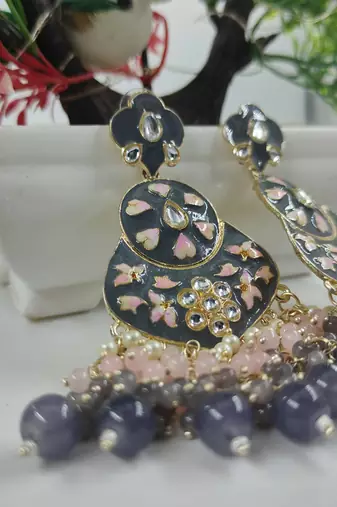   blue floral studded meenakari beaded gold-plated drop earrings