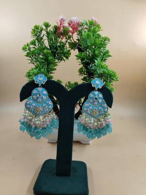   Sea Green Floral Studded Meenakari Beaded Gold-Plated Chandbali Earrings 1