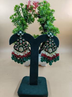  green floral studded meenakari beaded gold-plated drop earrings 1