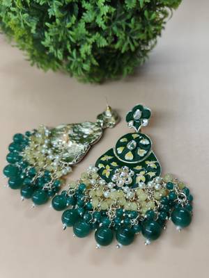   green floral studded meenakari beaded gold-plated drop earrings 2