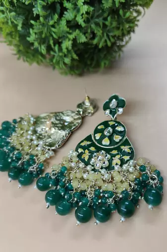   green floral studded meenakari beaded gold-plated drop earrings