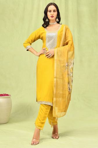   women   s viscose roman silk embroidery straight kurta pant with dupatta set