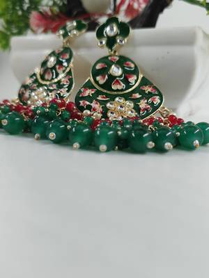   green floral studded meenakari beaded gold-plated drop earrings 2