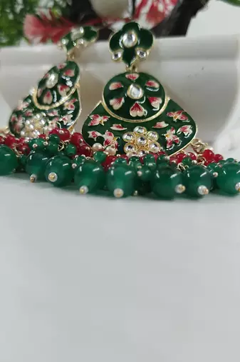   green floral studded meenakari beaded gold-plated drop earrings
