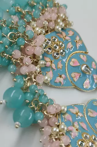   Sea Green Floral Studded Meenakari Beaded Gold-Plated Chandbali Earrings