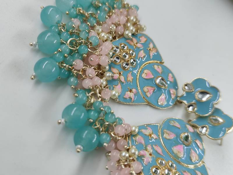   Sea Green Floral Studded Meenakari Beaded Gold-Plated Chandbali Earrings