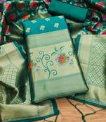Teal floral woven banarasi silk dress material