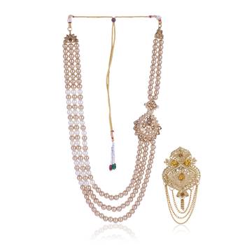   groom sherwani necklace moti mala layered for wedding | groom mala with brooch set 2