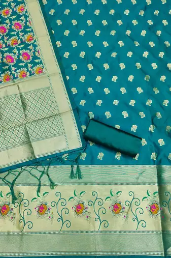 Teal floral woven banarasi silk dress material