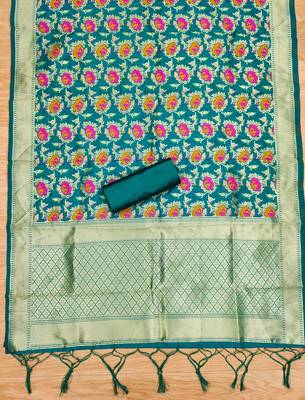 Teal floral woven banarasi silk dress material 4