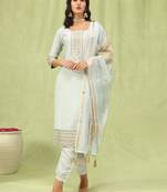 Vredevogel  women   s viscose roman silk embroidery straight kurta pant with dupatta set