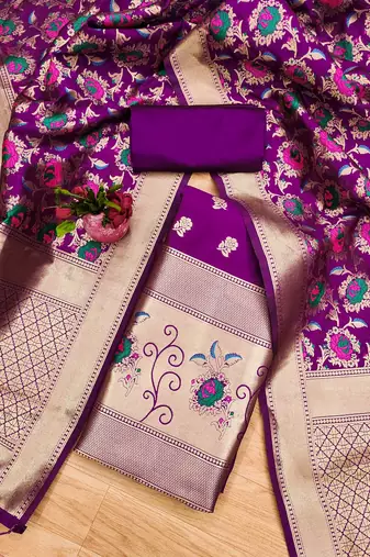 Purple floral woven banarasi silk dress material