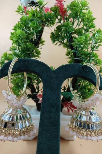   Big Jhumka earrings for wo  ethnic and occasional wear Baby Pink & White Colour