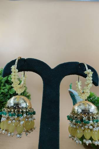   Premium Mogra Bali Jhumka- Yellow Green Colour